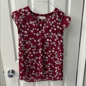 LOFT Red Flutter Sleeve Blouse with Mandarin Collar